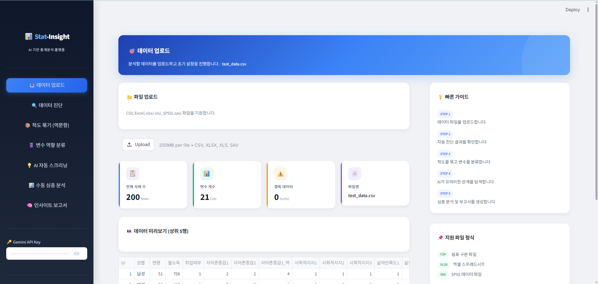 Stat-Insight 데이터 진단 및 기술통계 분석 화면